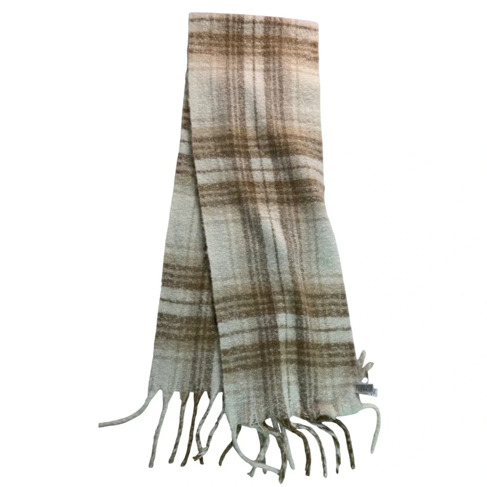 Old Navy Plaid Scarf Tan Cream Brown Go-Recycled Brushed Fringe NWT